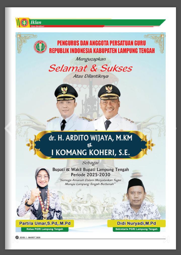 Catut Nama Bupati dan Wabup Dalam Box Redaksi Majalah Guru Berdikari Diduga Menjadi Ajang Bisnis PGRI Lampung Tengah