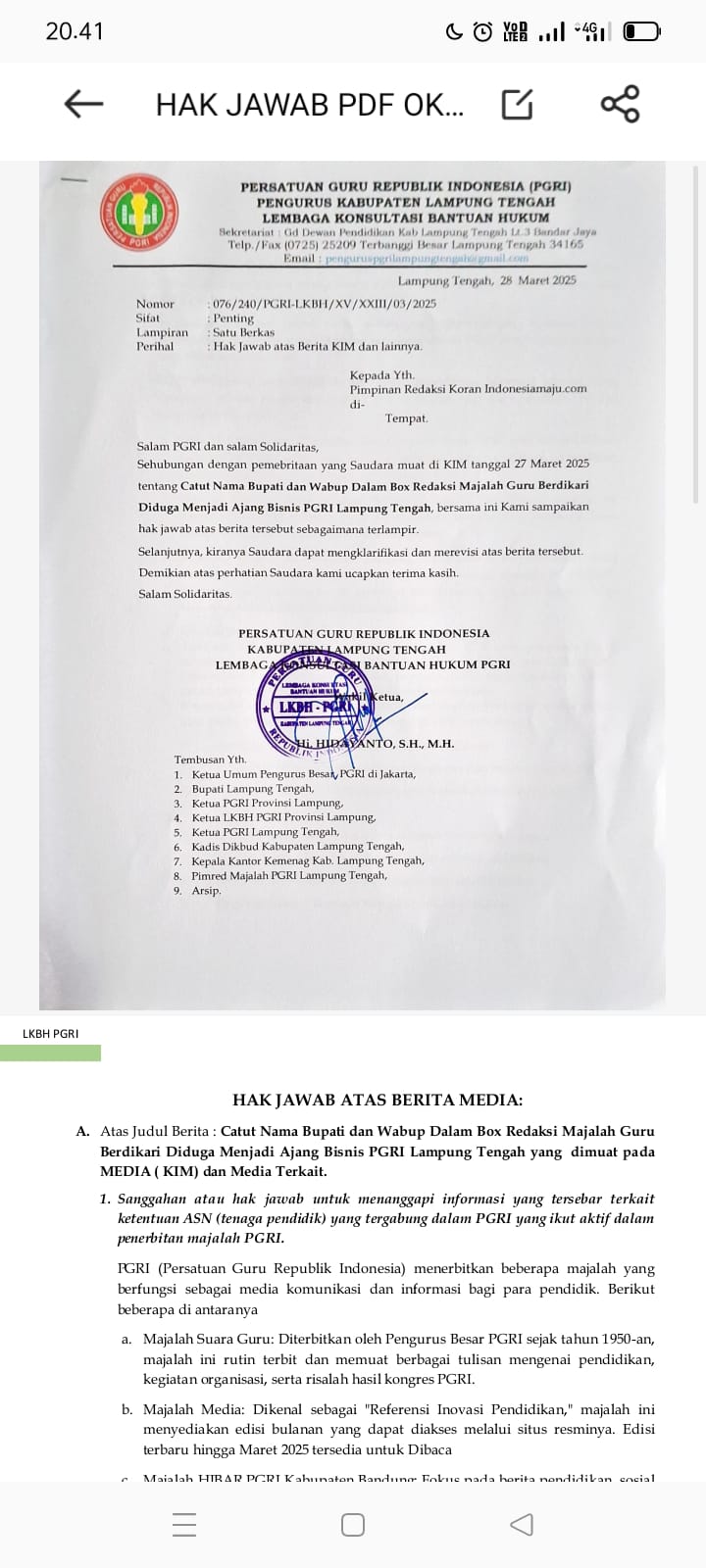 HAK JAWAB ATAS BERITA MEDIA:”CATUT Nama Bupati dan Wabup Dalam Box Redaksi Majalah (Guru Berdikari)