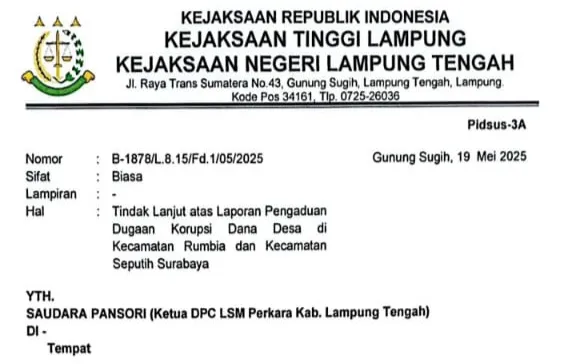 LSM PERKARA Nilai Kejari Lampung Tengah Mandul Tangani Kasus Korupsi