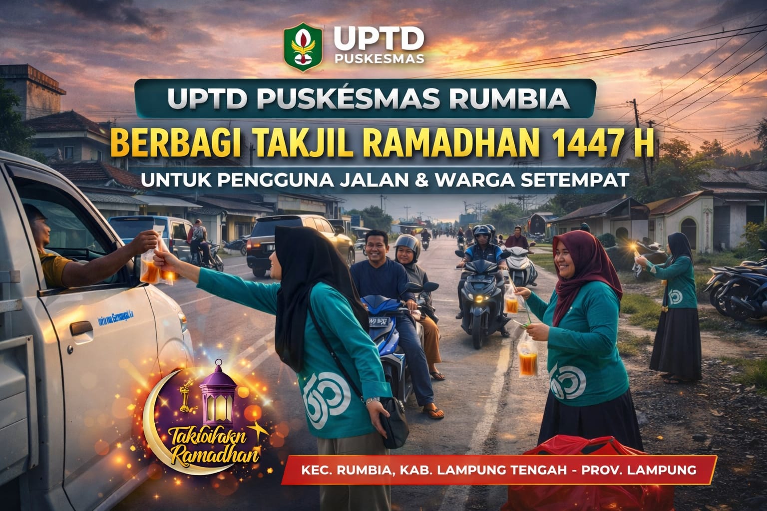 UPTD PUSKESMAS RUMBIA, KEC. RUMBIA, KAB. LAMPUNG TENGAH, PROV LAMPUNG. Berbagi Takjil untuk Pengguna Jalan dan Masyarakat Setempat Dalam Momentum di Bulan Suci Ramadhan 1447 Hijiriah.