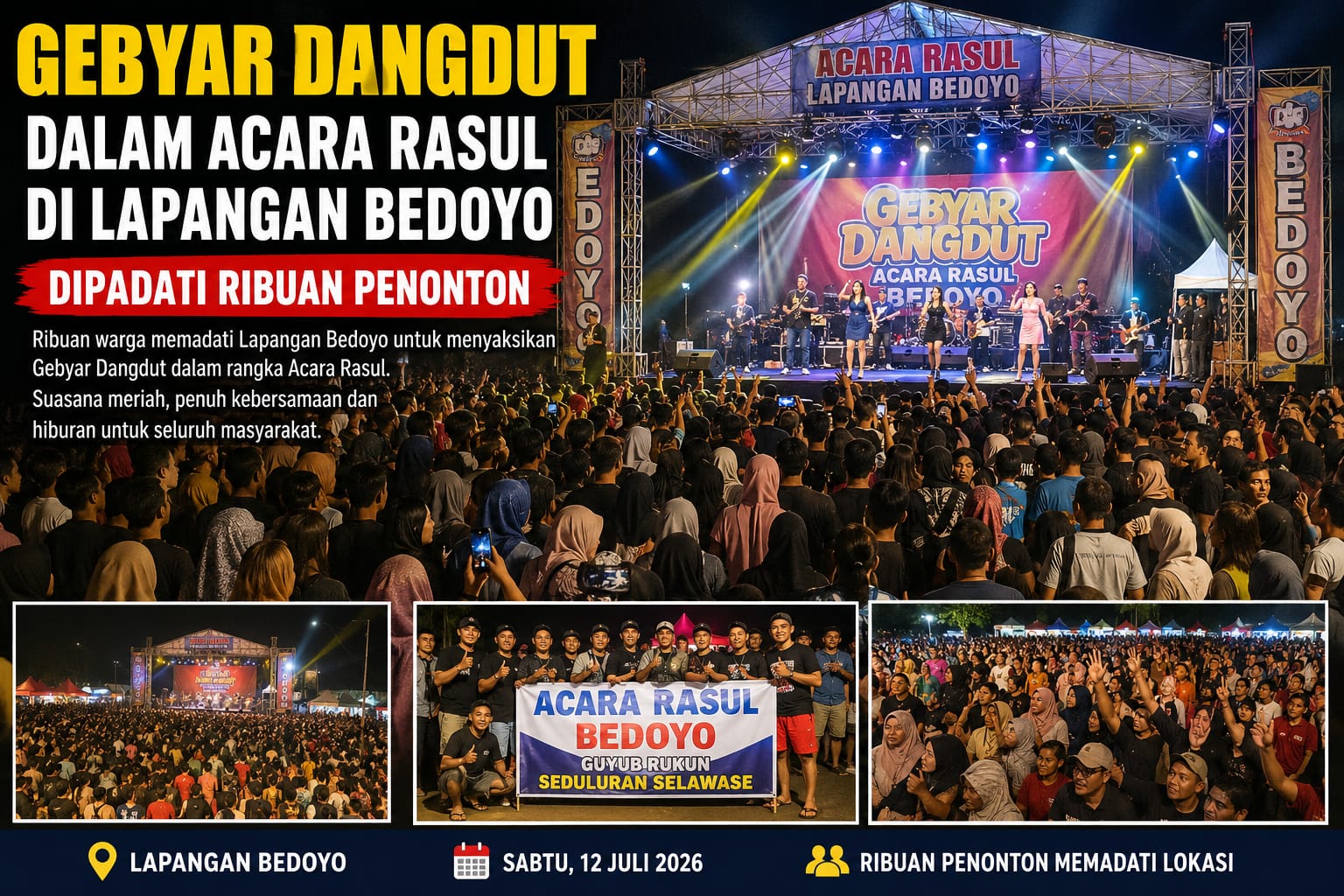 GEBYAR DANGDUT MERIAHKAN ACARA RASUL DI LAPANGAN BEDOYO GUNUNG KIDUL DIPADATI RIBUAN PENONTON