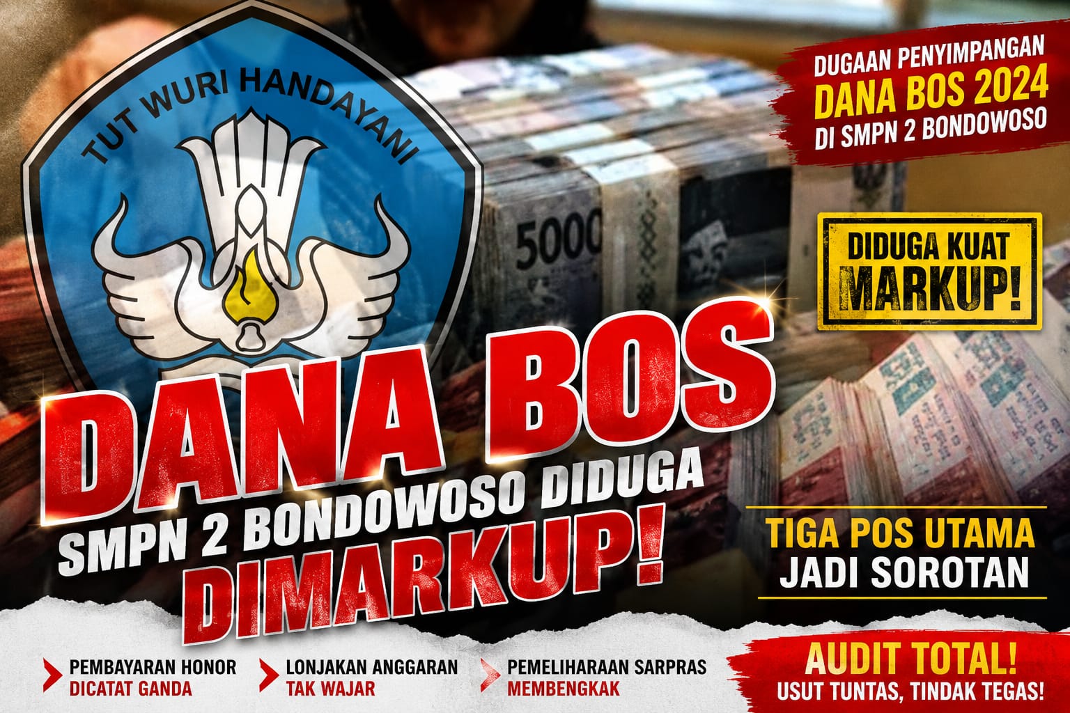 DIDUGA KUAT ANGGARAN DANA BOS SMPN 2 BONDOWOSO DIMARKUP, TIGA POS UTAMA JADI SOROTAN