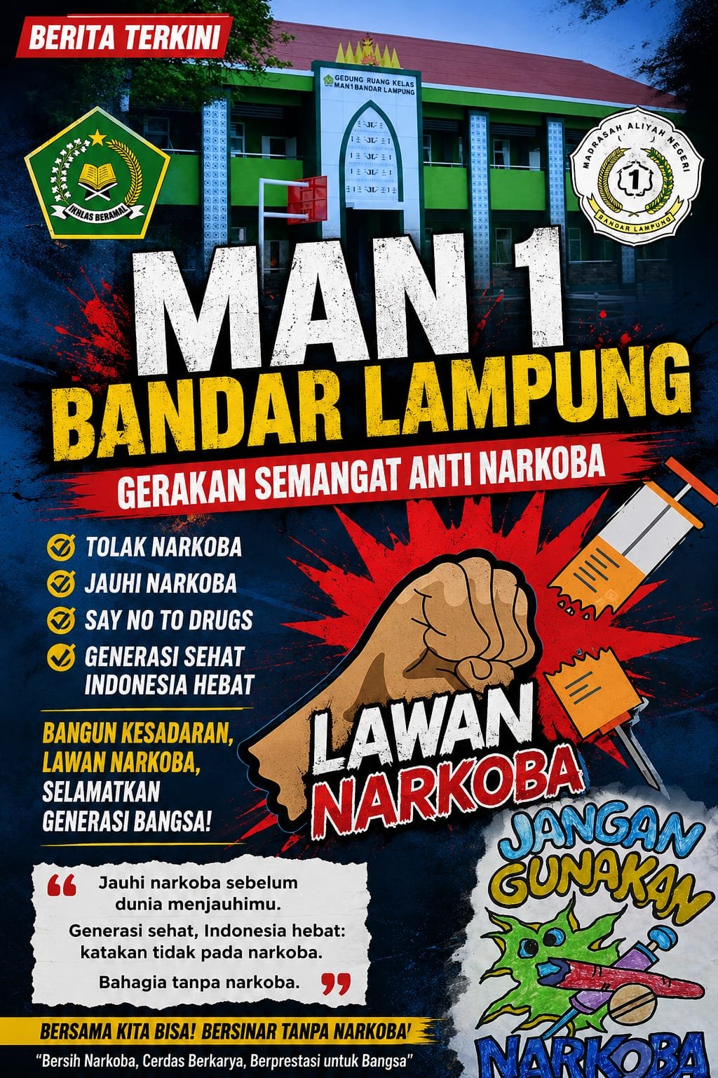 MAN 1 BANDAR LAMPUNG, YANG BERALAMAT DI JALAN LETKOL H. ENDRO SURATMIN, KELURAHAN HARAPAN JAYA, KECAMATAN SUKARAME, KOTA BANDAR LAMPUNG, PROVINSI LAMPUNG